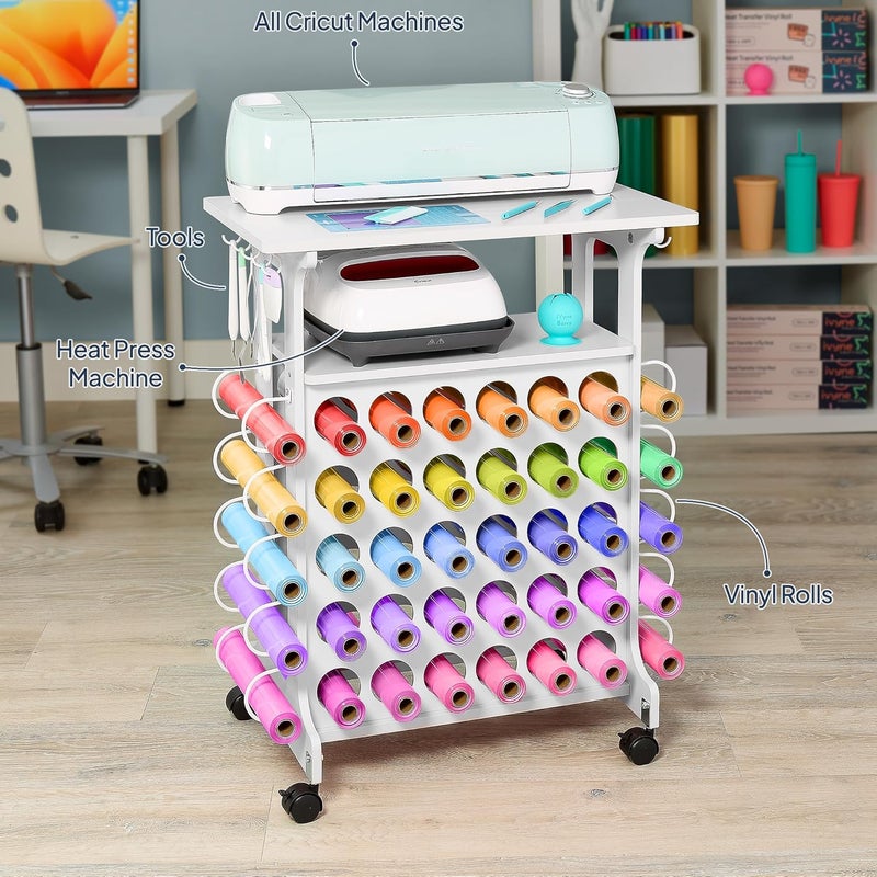 iVyne Vinyl Storage Cart 40 Vinyl Roll Holders for Cricut Organization and Storage Compatible with All Cricut Machines, Compact Craft Cart with Wheels & Tool Holders for Craft Rooms - White - Image 5